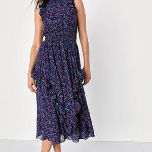 Lulu's Evalina Navy Blue Floral Print Mock Neck Midi Dress